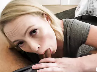 Hot blonde milf Abby Adore giving the stud a sloppy blowjob