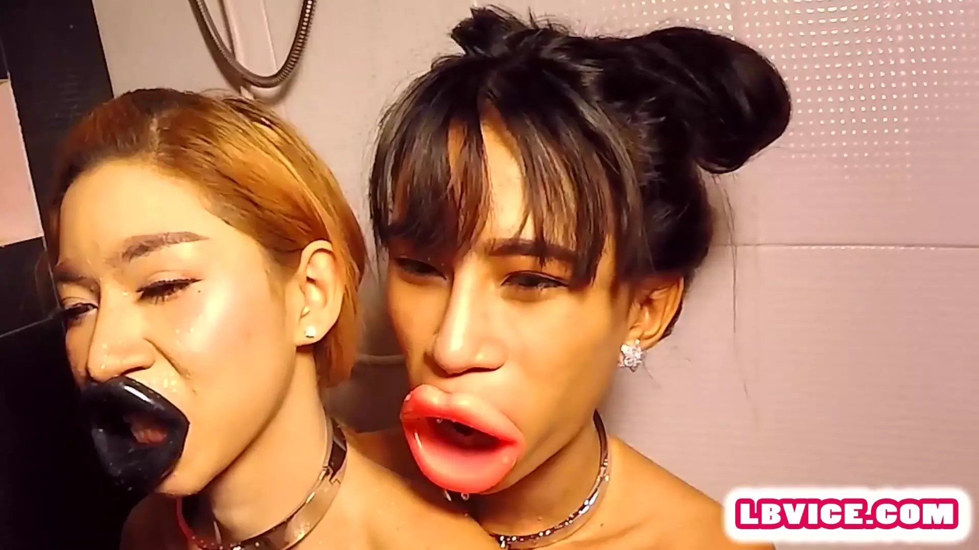 Pissed on ladyboys give double blowjob