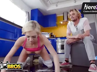 A cool blonde babe splashes all over her stepbrother in the kitchen