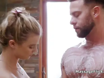 Big Tit Teen Masseuse Gags on Clients Lubed Dick
